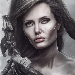 portrait Angelina Jolie gun long hairs big bobs Tomb Raider