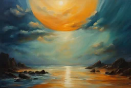 oil paints, soft light night scent, The sea is divided into two seas on the right and on the left and in the middle is land at the end of Or, , a lot of people go through the middle
