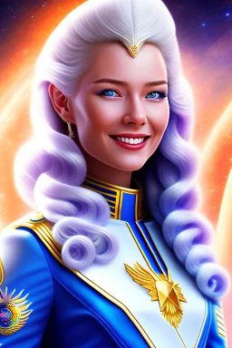 young cosmic woman admiral from the future, one fine whole face, large cosmic forehead, crystalline skin, expressive blue eyes, blue hair, smiling lips, very nice smile, costume pleiadian,rainbow ufo Beautiful tall woman pleiadian Galactic commander, ship, perfect datailed golden galactic suit, high rank, long blond hair, hand whit five perfect detailed finger, amazing big blue eyes, smilling mouth, high drfinition lips, cosmic happiness, bright colors, blue, pink, gold, jewels, realistic, real