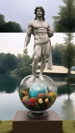 a planet with trees plants giant David statue everything made out of crystal jar