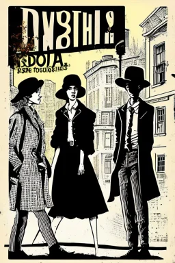 Design a detective book cover for teenagers. Three teenage detectives in the centre, one boy on her left, the girl in the centre and one on her right are on the town street. Black cat. Banksy style, pop art style, mysterious atmosphere,