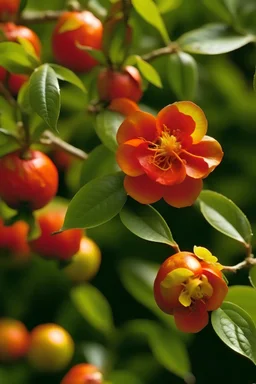 A big fruit tree that grows up to 38 feet (11.6 meters) tall. It has orange leaves with smooth edges, and branches that are short, rigid and upright. In early spring, it produces dozens of large, red blossoms with pleated petals. They detach easily and have a delicate scent that smells like baby powder. In mid-autumn it produces tiny, perforated fruit. The fruit's skin is violet, and the flesh is pink. --- Fact: It is very resistant to fire damage.