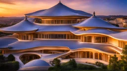 2771, delightful, sensitive, confident, undulating sinusoidal palace with hyperbolic roofs, delicate, sunrise, architecture, award-winning photograph, beautiful composition, filled with beautiful detail, delicate colour, chiaroscuro