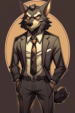 Buff, anthro, wolf, himbo, black fur, gold eyes, wearing a suit, full-body