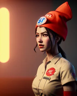 waitress woman with Sesame Street muppet big mask helmet, concept art, retro style, smooth, unreal engine 5, god lights, ray tracing, RTX, lumen lighting, ultra detail, volumetric lighting, 3d.