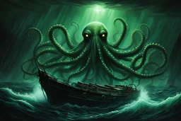 From the abyssal depths, a colossal octopus-like horror ascends, its tentacles reaching towards the heavens like grasping claws. A lone boat, caught in its path, flees in terror. The creature's eyes glow with an eerie green luminescence, its form casting an ominous shadow upon the turbulent waters. Dark, gritty horror, reminiscent of H.P. Lovecraft's cosmic horror stories. Predominantly dark and muted colors, with splashes of eerie green and purple. Overall composition conveys overwhelming dread