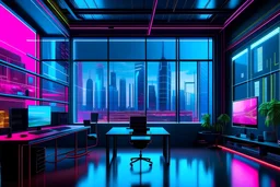 neon cyberpunk office happy with windows showing houston as a cyberpunk landscape