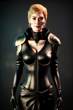 Cersei Lannister as evil dominatrix in black leather, mistress, bdsm, busty, cleavage, curvy, lena headay, angry, stern look. character design by cory loftis, fenghua zhong, ryohei hase, ismail inceoglu and ruan jia. unreal engine 5, artistic lighting, highly detailed, photorealistic, fantasy