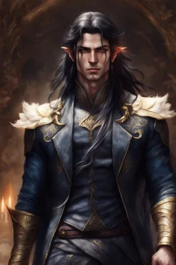 pointed ears elven male, long black hair, oriental golden eyes