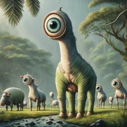 far in the distance five very big cute-crepy weird creatures stand on four legs with one giant eye , without ears , with big cow udders between their legs, peacefully grazing the grass, in the background there is a jungle, rain, realistic, detailed, sci-fi, fantasy, cinematic