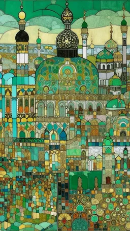 A mint colored Russian city designed in Moroccan rug art painted by Gustav Klimt
