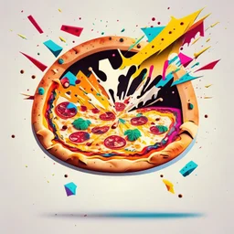 Imagina una pizza redonda sobre una mesa explotando pedazos saltando por el aire gráfica vectorial 2d detallada colores contrastantes