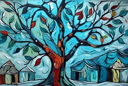 abstract painting style picasso winter joy in lonely tree cold colors bitd