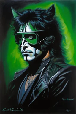 Head and shoulders image - oil painting by Scott Kendall - pitch Black solo record album with emerald glowing in tips of hair - 30-year-old Peter Criss (Drummer) with shoulder length, wavy, straight black and gray hair, with his face made up to look like a cat's face - in the art style of Boris Vallejo, Frank Frazetta, Julie bell, Caravaggio, Rembrandt, Michelangelo, Picasso, Gilbert Stuart, Gerald Brom, Thomas Kinkade, Neal Adams, Jim Lee, Sanjulian, Thomas Kinkade, Jim Lee, Alex Ross,