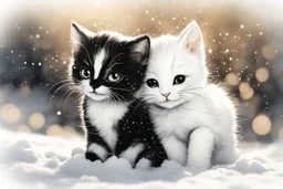 black and white chibi kittens playing in the snow in the sunshine, watercolor and black ink outlines, sparkling golden glitter, ethereal, cinematic postprocessing, bokeh, dof