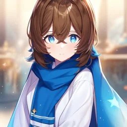 Clear focus, High resolution, A anime kid, cute, rough line skecth, star around kid, sparkling eyes, medium fluffy brown hair, blue sparkling eyes, 1girl (solo), wearing a blue snow cloak and a white shirt, epic battle stance