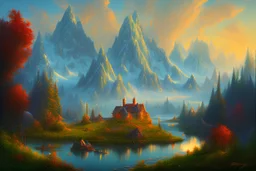 Epic landscape with mountains and lagoon, concept art, impressionism influence, realistic painting