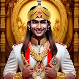 young and smiling indian prince, dark skin, in a temple, perfect composition, hyperrealistic, super detailed, 8k, high quality, intricate details, highly detailed