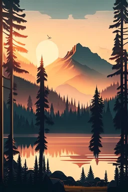 Stylized image of a forest, near a serene lake and mountains in the background at sunrise