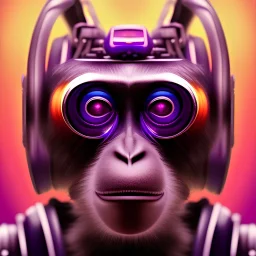 A beautiful portrait of a cyborg monkey purple neon color scheme, high key lighting, volumetric light high details psychedelic background