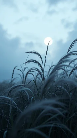 Windblown grass with winds with clouds and moon in the background, high quality picture 8k, beautiful cinematic lighting and all gray colors