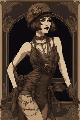 Full Body, burlesque Woman looking to the right, With A Bob With A Fringe Hairstyle, flapper Clothing, Steampunk