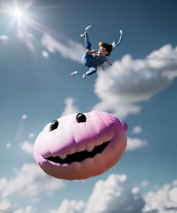 Ultra realistic clouds sky scene, medium shot view, portrait, sweet Childs, free jumping flying, trinkets, monster hair, jelly beans, balls, smile, happy, Peter Pan style, inflatable color clothing, extreme, wind, clouds sea, 20,000 feet altitude, stratosphere, soft color, highly detailed, unreal engine 5, ray tracing, RTX, lumen lighting, ultra detail, volumetric lighting, 3d, finely drawn, high definition, high resolution.