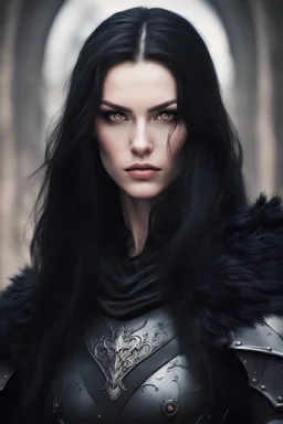 portrait of a athletic woman warrior, long black hair, redish eyes, pale skin, black medieval armor, black fur cloak, comicbook art style