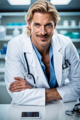 Mid-thirties, Caucasian male doctor, kind smile, messy blonde hair, blonde thick mustache, pale blue eyes, broad shoulders, muscular, six foot, Hawaiian shirt under white lab coat, bloodstains at the edges of the lab coat. Strong Jaw line, surrounded by shadows, photo realistic