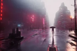 3D, beautiful, light reflecting, empty city at night, rainy night, neon, cyberpunk, person with helmet walking