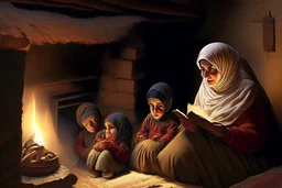 A close-up scene of an Arab mother reading the story from a book with her children around her in the room of the old wooden house near the fireplace 100 years ago.