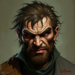 dnd, fantasy, handpainted, painted like renaissance art, stylistic, portrait, illustration, artistic, professional illlustration, male, face, weathered face, sly, violent, evil, vigorous, rogue, criminal