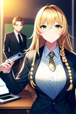 girl, masterpiece, best quality, cinematic lighting, detailed outfit, perfect eyes, golden hair, green eyes, long hair, braided ponytail, office lady, side shot, working at desk,