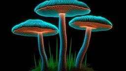 tall narrow delicate detailed mushrooms, with umbrella caps, phosphorescence glowing in the night