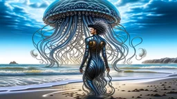 Wide-angle shot of a woman, standing to one side on a beach with huge waves, with dark hair in a silver robotic catsuit, many large jellyfish shaped like mushrooms with tentacles floating in the air, masterpiece, best quality, super detailed