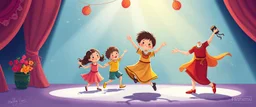 illustration of preschool children playing and dancing. fantastic lighting, chaabi children's book proportions