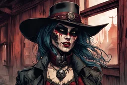 highly detailed concept illustration of an alternate reality Wild West female vampire anti heroine bounty hunter in an abandoned saloon ,maximalist, sharp focus, finely detailed facial features, highest resolution, in the styles of Alex Pardee, Denis Forkas , and Masahiro Ito, boldly inked, 8k, UHD, coarse, gritty, and dusty textures
