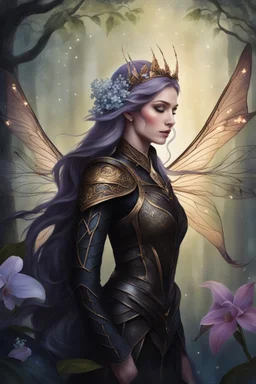 Peach hair ,elven warrior,,Hydrangea,orchids,lilies of the valley,night,peachy hair,rapunzel hair,elven crown,dragonflies,pointed ears,elven ears,dark fairy princess,sparkle,,dark gold armour,fairy wings,,night stars