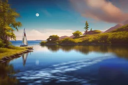 an encaustic painting depicting a landscape of a lake and a single sailboat sailing on it. Add an island and details to create an example of beautiful artistic work. Modifiers: highly detailed masterpiece photorealistic dynamic lighting fantastic view metchley wet oil and wax