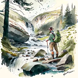 Illustrate a scene of an artist exploring the wonders of Norwegian nature, sketching, plain air amidst forests, waterfalls, and meadows, artistic style