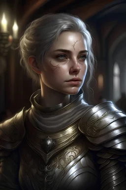 portrait of a beautiful female paladin, holy, short messy ashen hair, pale grey eyes, pale skin, undead, goodness, confident, dressed in an ornameted revealing light plate armor, wearing a silver circlet, standing in a tavern, realistic, dim lighting, ocult, petite, cinematic lighting, highly detailed face, very high resolution, looking at the camera, centered