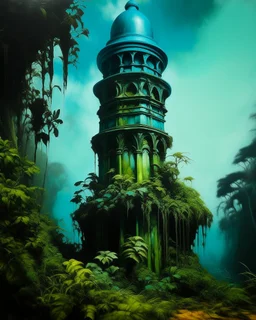 A bluish green tower in a toxic jungle painted by Michelangelo di Lodovico Buonarroti Simoni