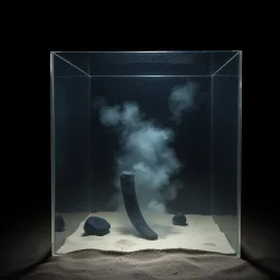 A photo of a dark, closed environment in a dark open space. Splop, splimapys, orero dream. At the center, a transparent plastic made of plexiglass encloses a misty sfluv. There are dark stonks. The surface below appears to be sandy, with small accumulations of sand. In the background, other forms or structures are visible, some of which are dark and organic in appearance. The image has a glossy finish and was shot with a Hasselblad H6D-400c.