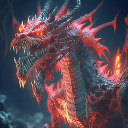 Giant horrific zombie dragon made of bones and vein, covered with glowing red slime, photorealistic, unreal engine 5, masterpiece, trending on artstation