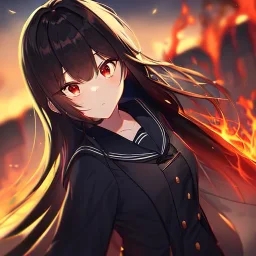 Clear focus,High resolution, Black long hair, Red eyes,Wearing a black sailor uniform,Looking away from the viewer,Ready for a epic battle between gods, Blurry fire