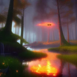 Fantasy lake with fireflies,Epic,unreal engine 5, 8k resolution, photorealistic, ultra detailed