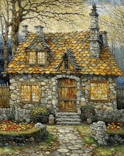 lone old stone cottage with lights on, by Frozen apocalypse " a patchwork art by Jamie heiden, peter doig, Renoir, pol Ledent, endre penovac, Gustave Loiseau, Arthur Rackham, Doug Chinnery, Maud Lewis. inlay, watercolors and ink, beautiful, fantastic view, extremely detailed, intricate, best quality, highest definition, rich colours. intricate beautiful dynamic lighting award winning fantastic view ultra detailed 4K 3D high definition hdr elegant intricate beautiful award winning fantastic view