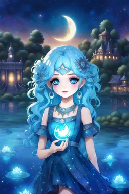 A beautiful girl with glowing starry eyes. And with turquoise hair decorated. And full body. Holds 10 glowing glass beads with a moon inside .girl void. full body Glowing golden eyes and white hair. Standing on a land of water embellished with sapphires and ornate trees. And beautiful buildings. And a sky full of star