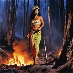 [colour picture: Jason and the Argonauts (1963)] As the night wears on, Surpanakha's vengeance knows no bounds. The forest becomes a stage for her savage dance, a symphony of pain and terror. She stands before a burnt camp, the remnants of what was once a place of solace and safety. The destruction is evident, the charred remains serving as a painful reminder of what has been lost. And in this moment, she can no longer hold back the tears. The burnt camp, the tears, they are but a fleeting momen