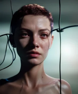 Ultra realistic photographic night portrait, cinematic, naked, short hair <sexy woman> <hanging wires> many wires coming out of the head <perfect pupil> <cyborg> <garage> <wide angle Shot> <sci-fi futuristic> <thriller>, fog, soft color, highly detailed, unreal engine 5, ray tracing, RTX, lumen lighting, ultra detail, volumetric lighting, high definition.